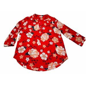 Lila Rose Blouse Women's Medium V-Neck Floral 3/4 Sleeve Red White Blush